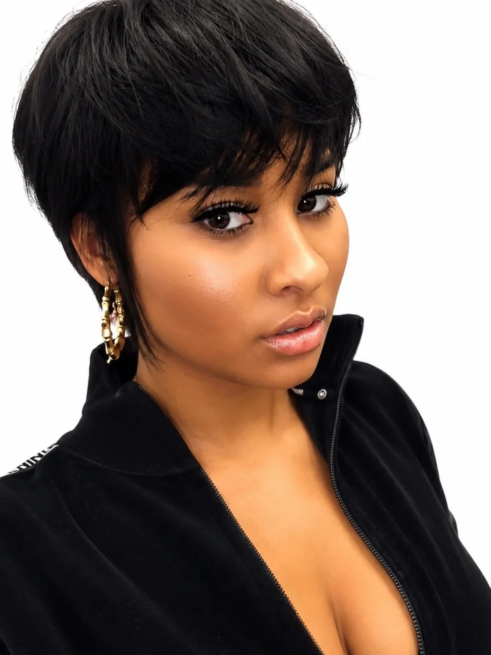 Black Velour Zip-Up Jacket with Gold Hoop Earrings